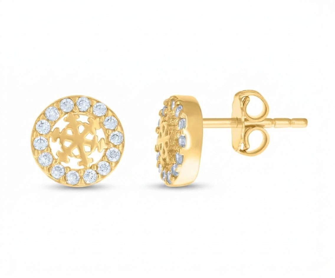 14K yellow gold snowflake stud earrings with cubic zirconia