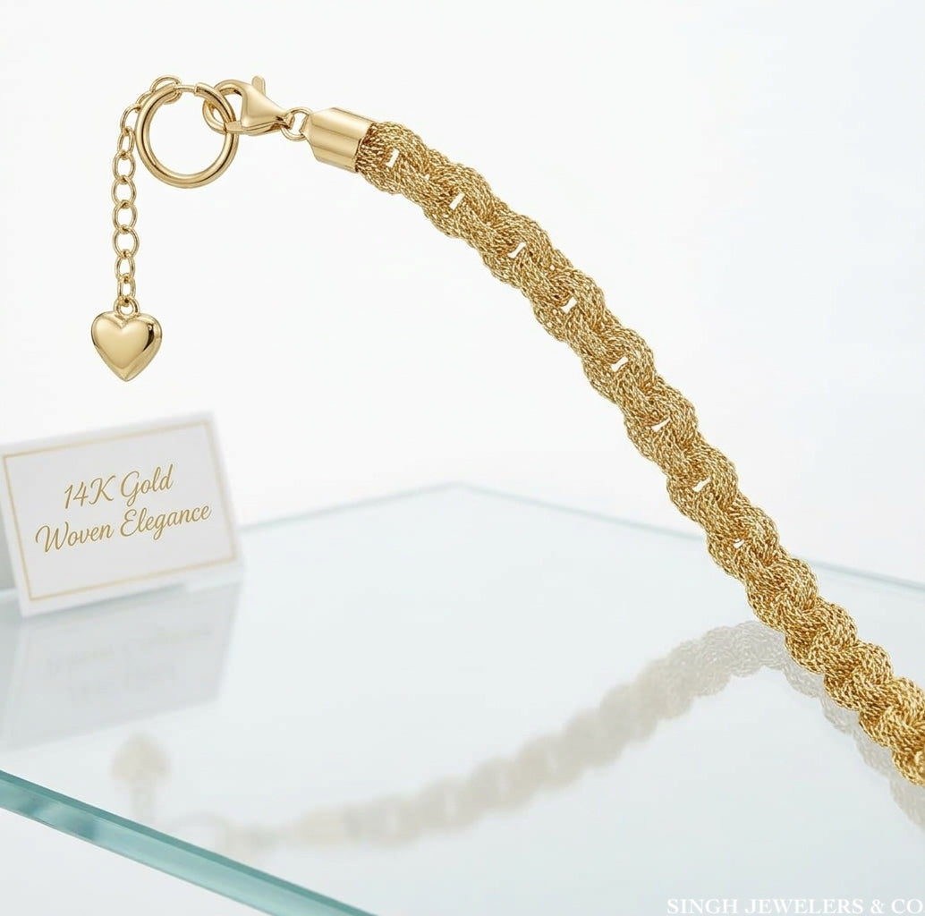 Close-up of the clasp on a 14K yellow gold braided chain bracelet