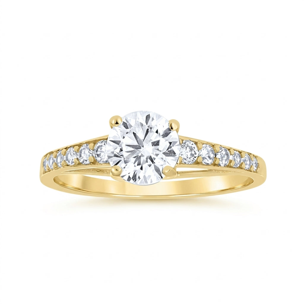 14K yellow gold women's engagement ring featuring cubic zirconia stones, ring size 7