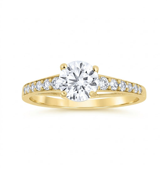 14K yellow gold women's engagement ring featuring cubic zirconia stones, ring size 7