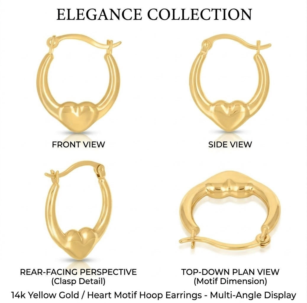 14K yellow gold women's heart hoop earrings featuring an elegant heart-shaped design different views 