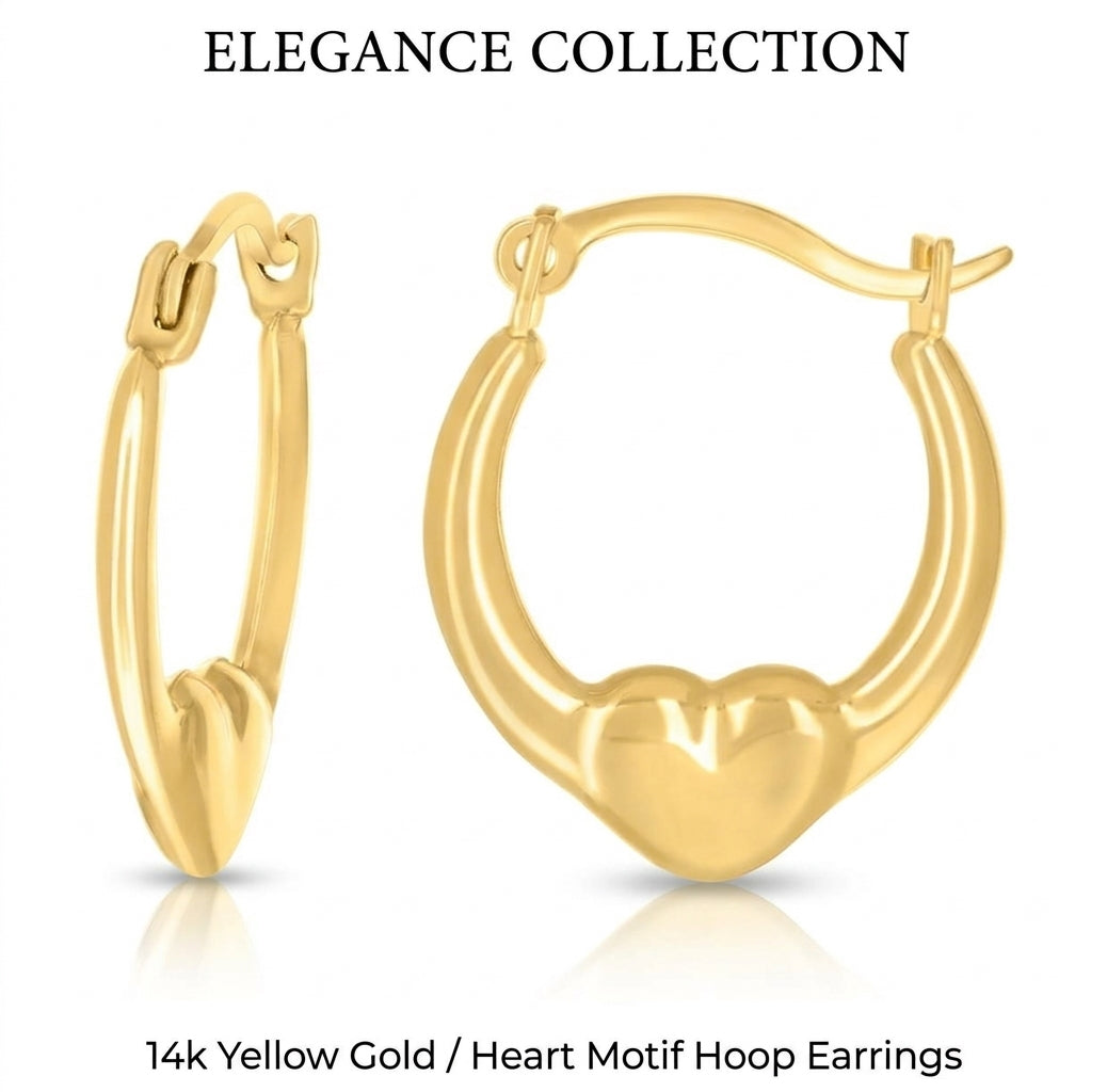 14K yellow gold women's heart hoop earrings featuring an elegant heart-shaped design