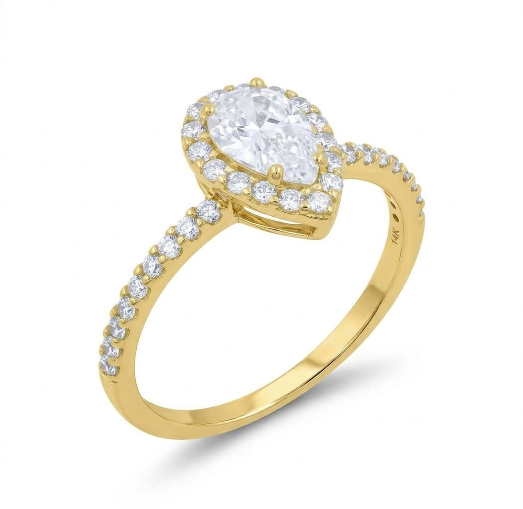 14K yellow gold women's teardrop promise engagement ring with pear-shaped and round cubic zirconia stones