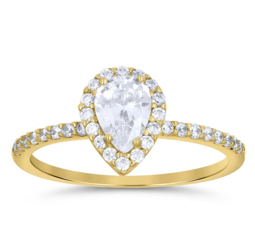 14K yellow gold women's teardrop promise engagement ring with pear-shaped and round cubic zirconia stones front view