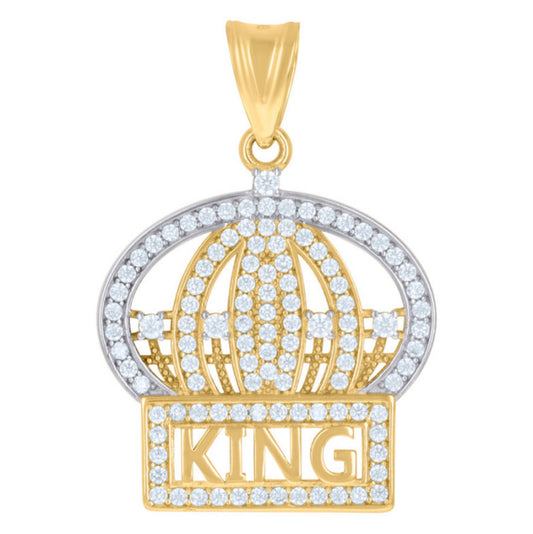 14Kt Two-Tone Gold Men's King Crown Pendant with White Sapphires - Luxury Custom Jewelry