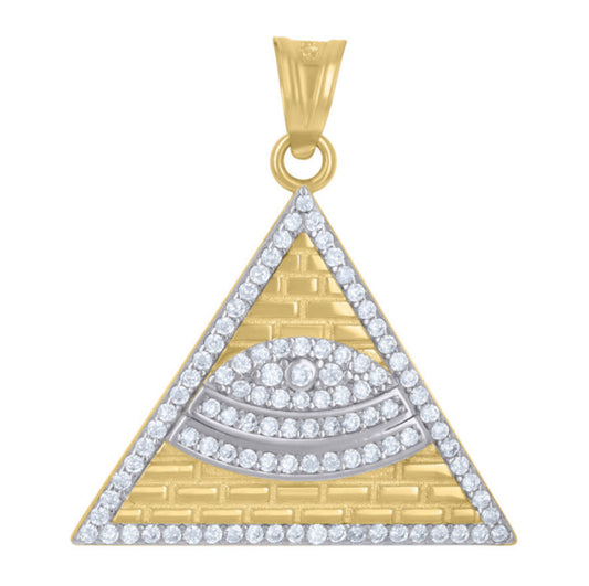 14Kt Yellow Gold Men's White Sapphires Pyramid Evil Eye Good Luck Charm - Luxury Protection Jewelry