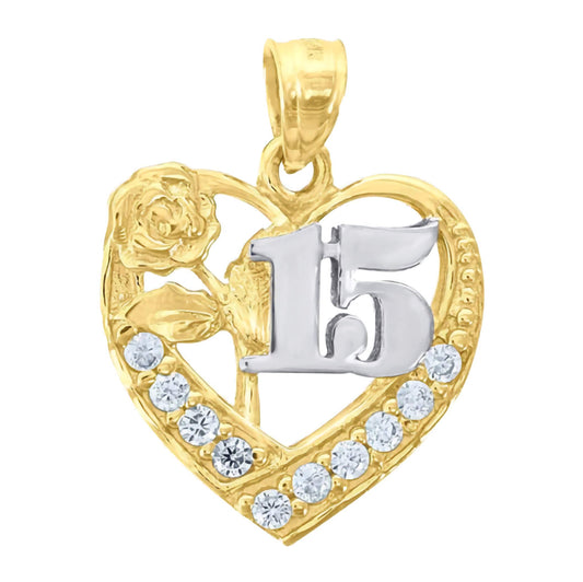 14kt Gold Womens Two-tone CZ 15 Anos Heart Quinceanera Pendant