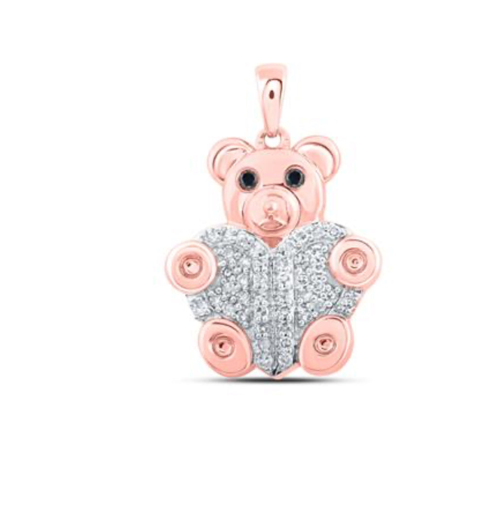 10k Round Black 3/8 Cttw Diamond Heart Bear Charm