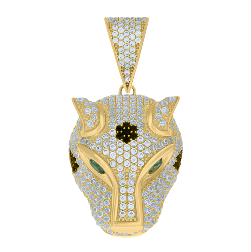 10k Yellow Gold Mens Green/Black White CZ Panther Head Animal Wildlife Charm
