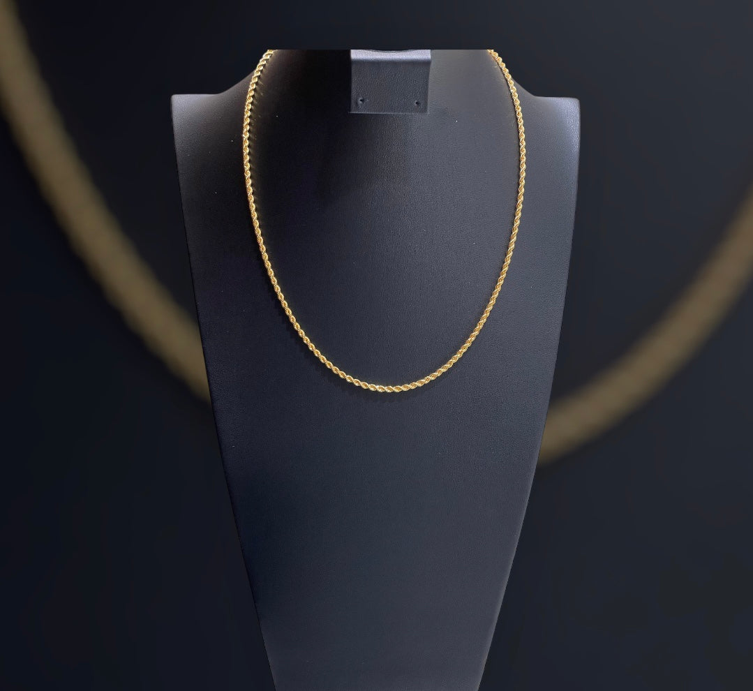 22K yellow gold rope chain necklace, 16-inch length and 2.5mm width