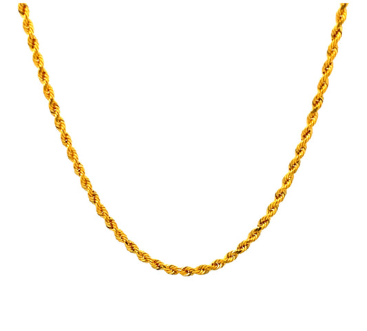 22K yellow gold rope chain with secure clasp, 16 inches long