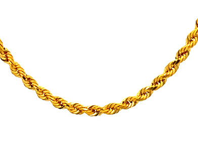 Close-up of 22K gold rope chain showing twisted design and shine