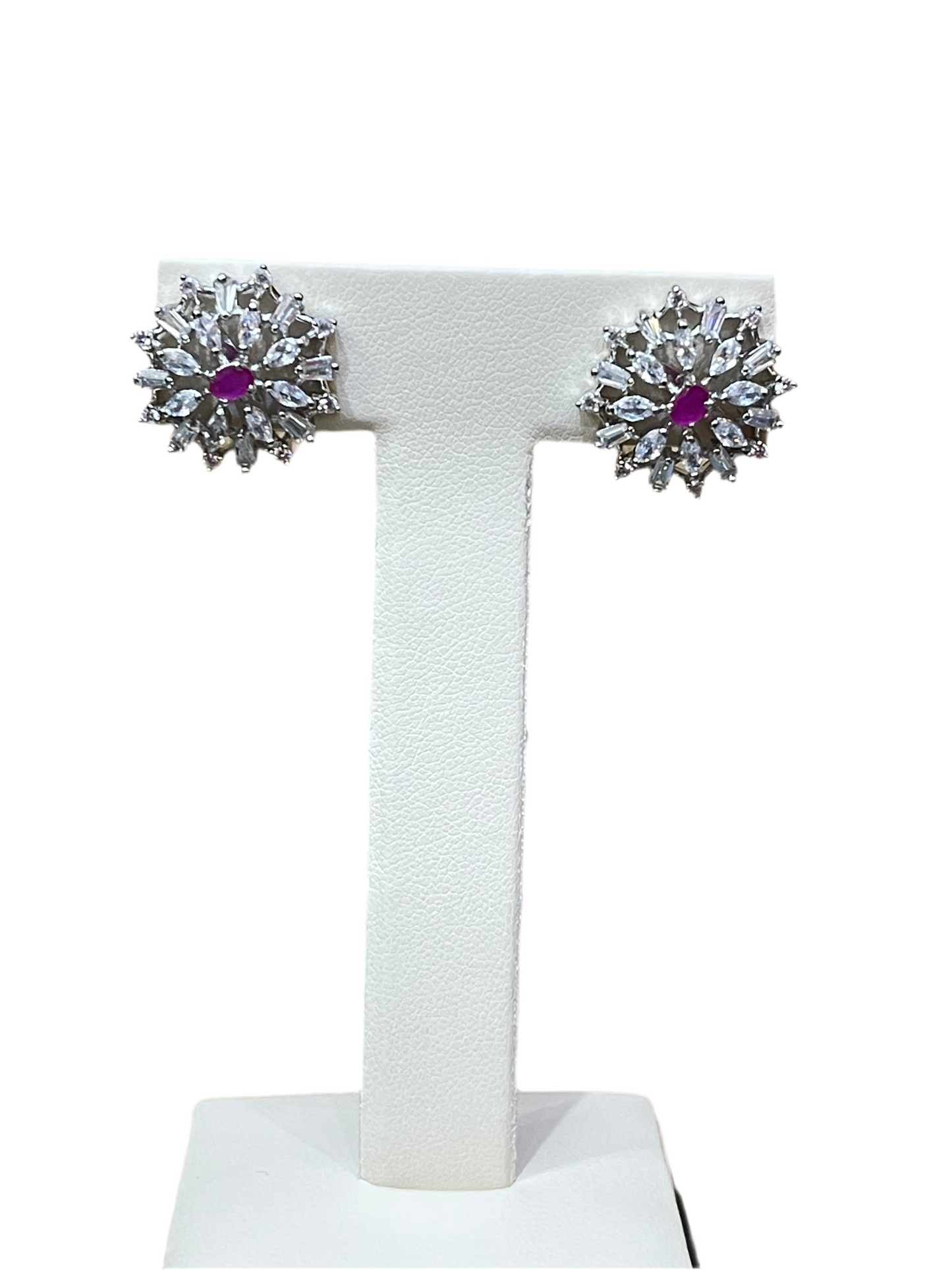 Sterling Silver Pink Stone CZ Floral Earrings