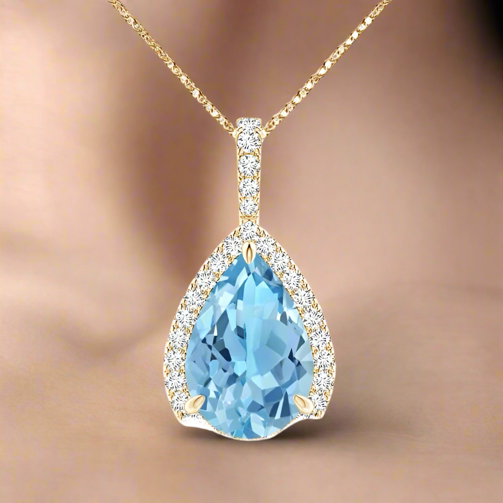 10K Pear Diamond Blue Topaz Birthday Birthstone Charm