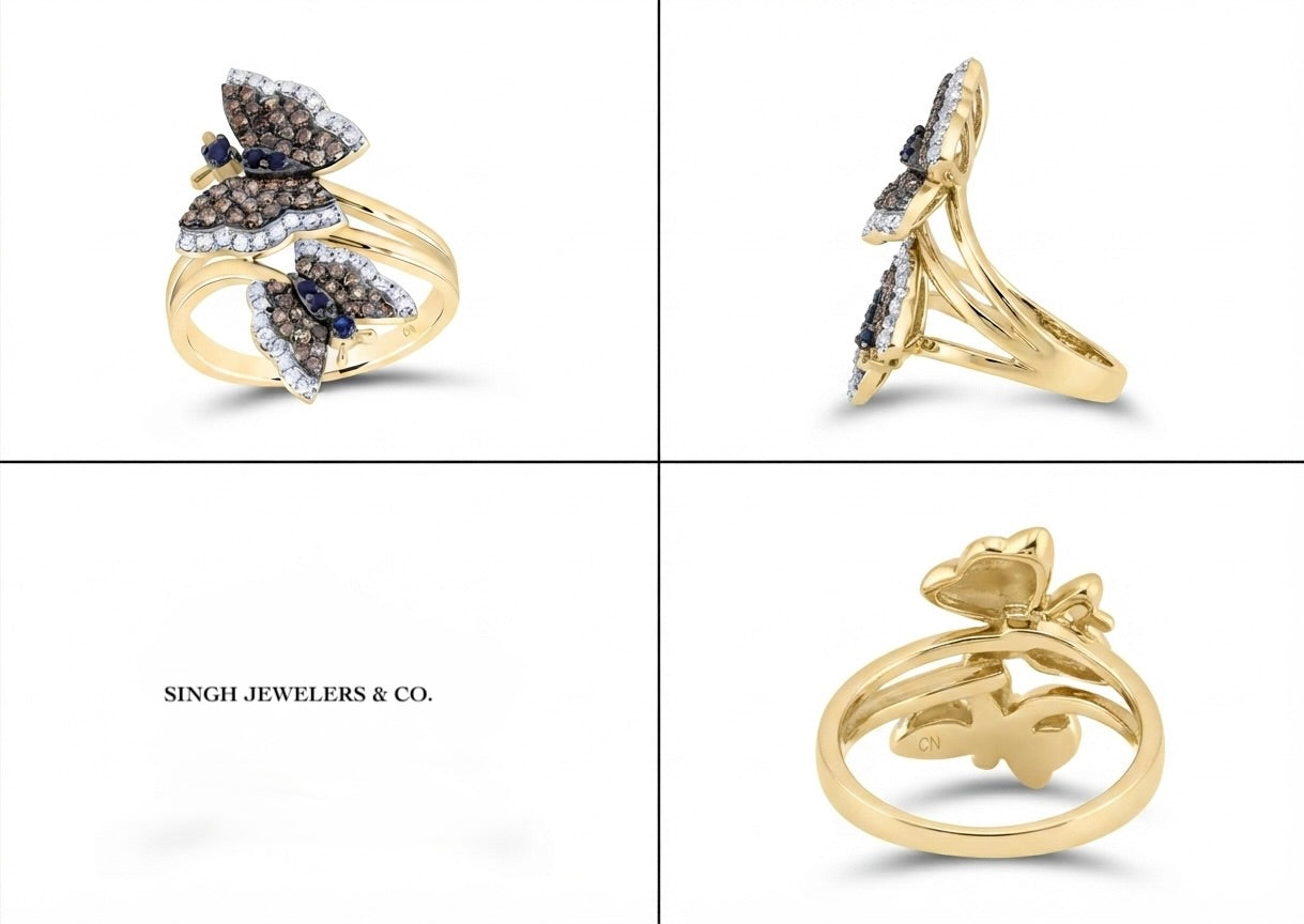 3/4 CTW natural diamond and 1/10 CT blue sapphire butterfly ring in 14K gold