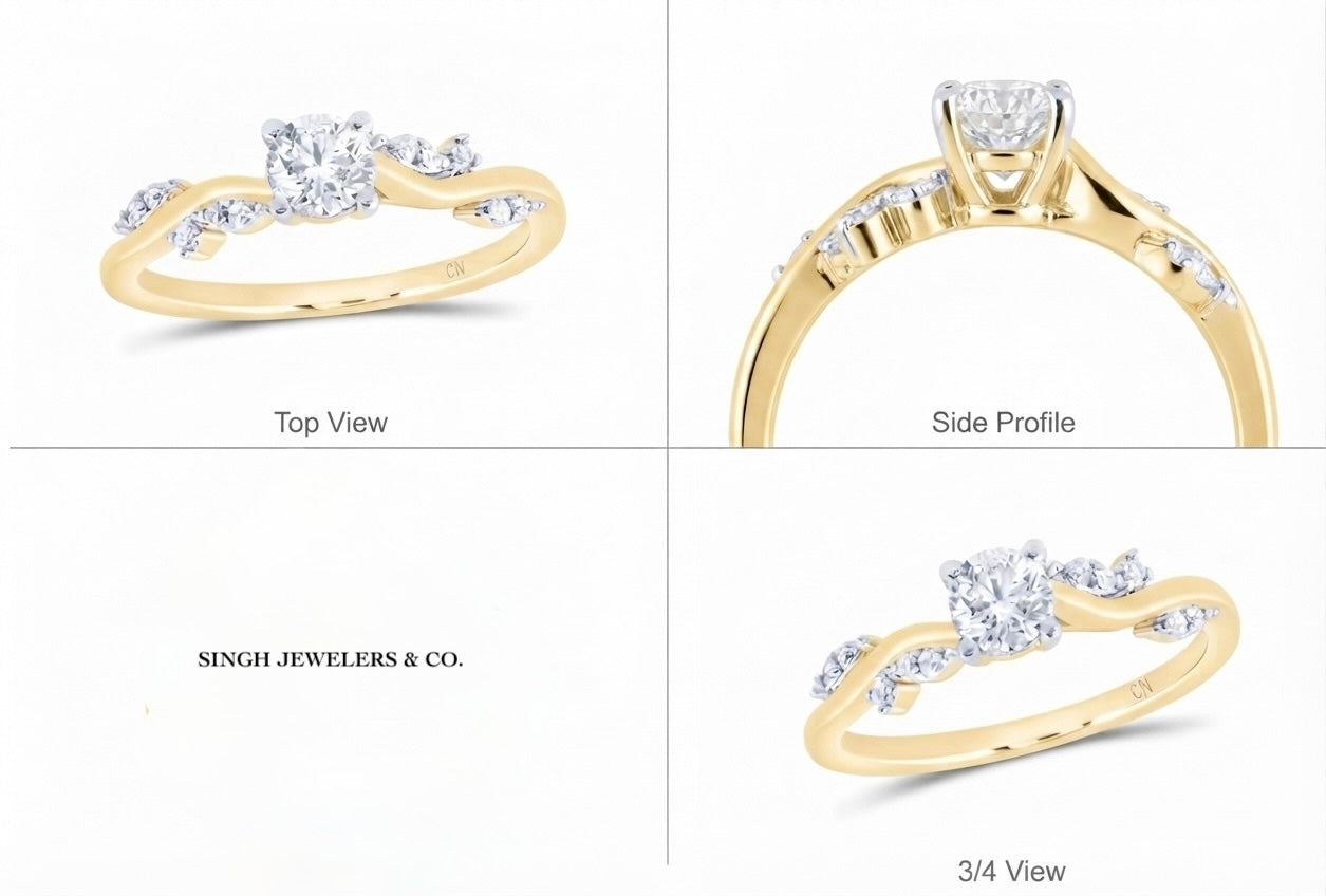 3/8 CTTW natural diamond round promise ring in 10K yellow gold with vine design