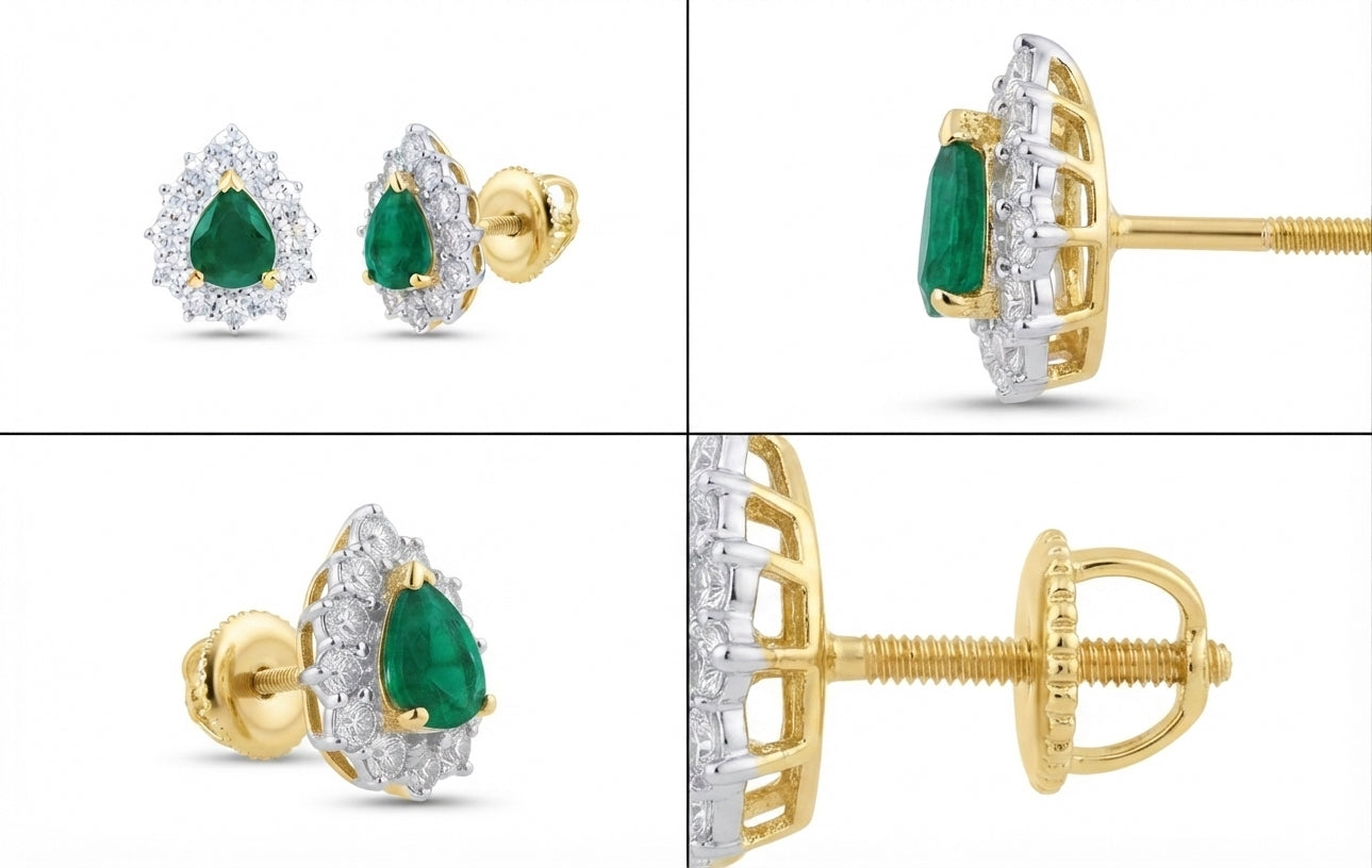 3/8 CTW natural green emerald and diamond pear earrings in 14K yellow gold