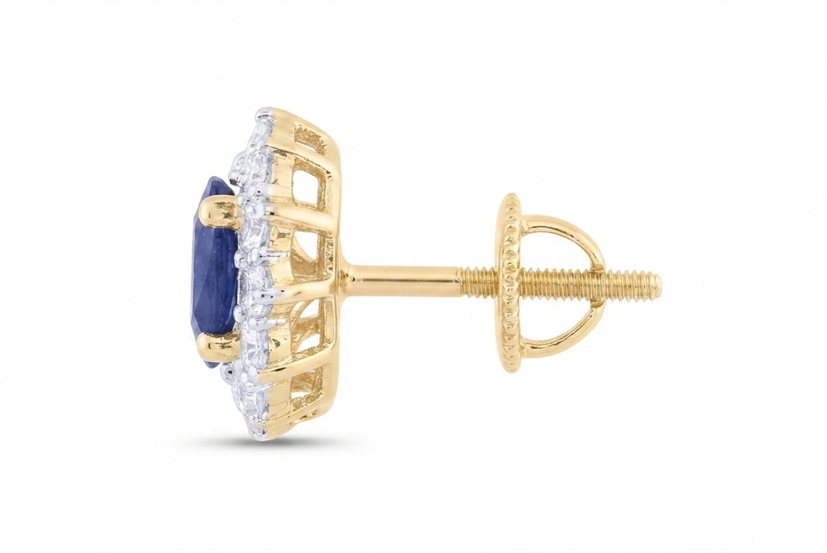 5x4mm natural blue sapphire and diamond oval earrings in 14K yellow gold