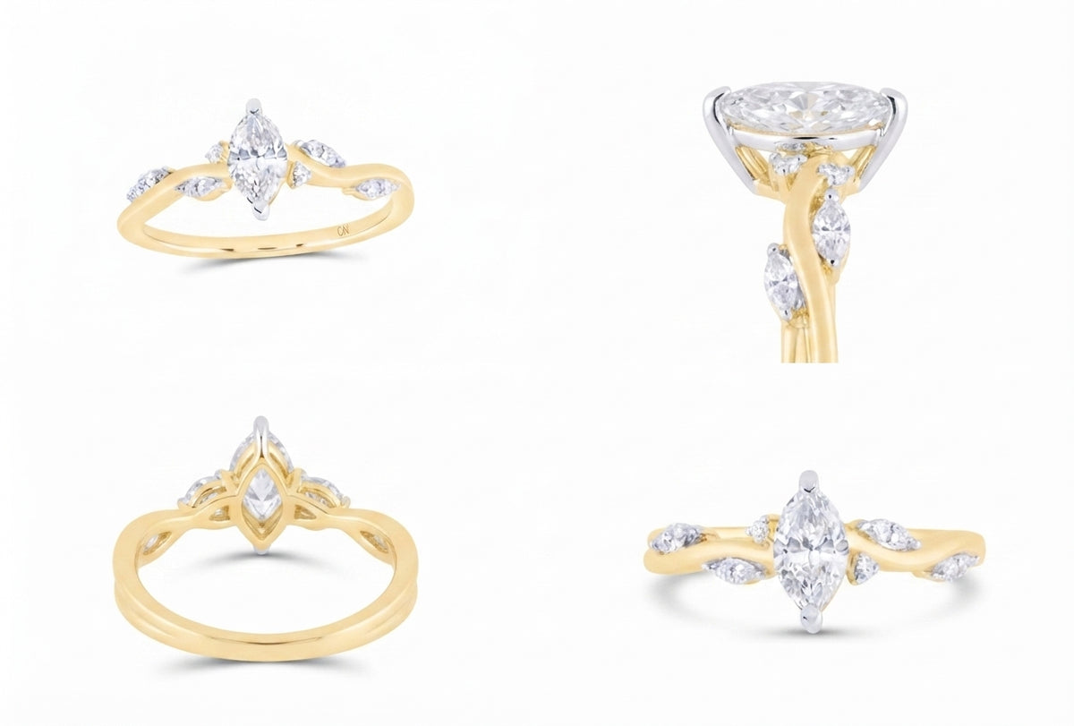 3/8 CTW natural diamond Canadian marquise promise ring in 14K yellow gold different angles