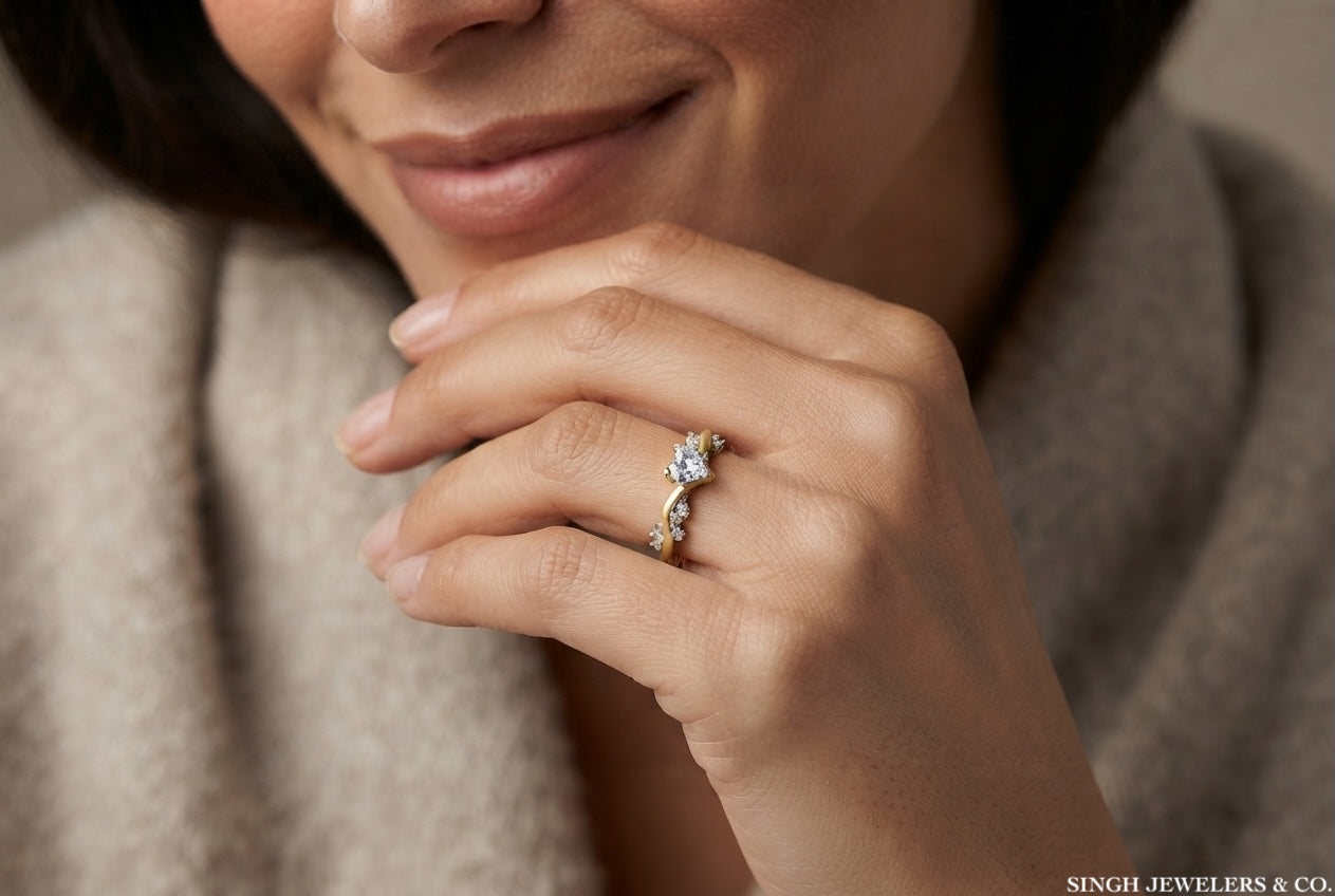 Close-up of natural diamonds on 14K white gold marquise ring