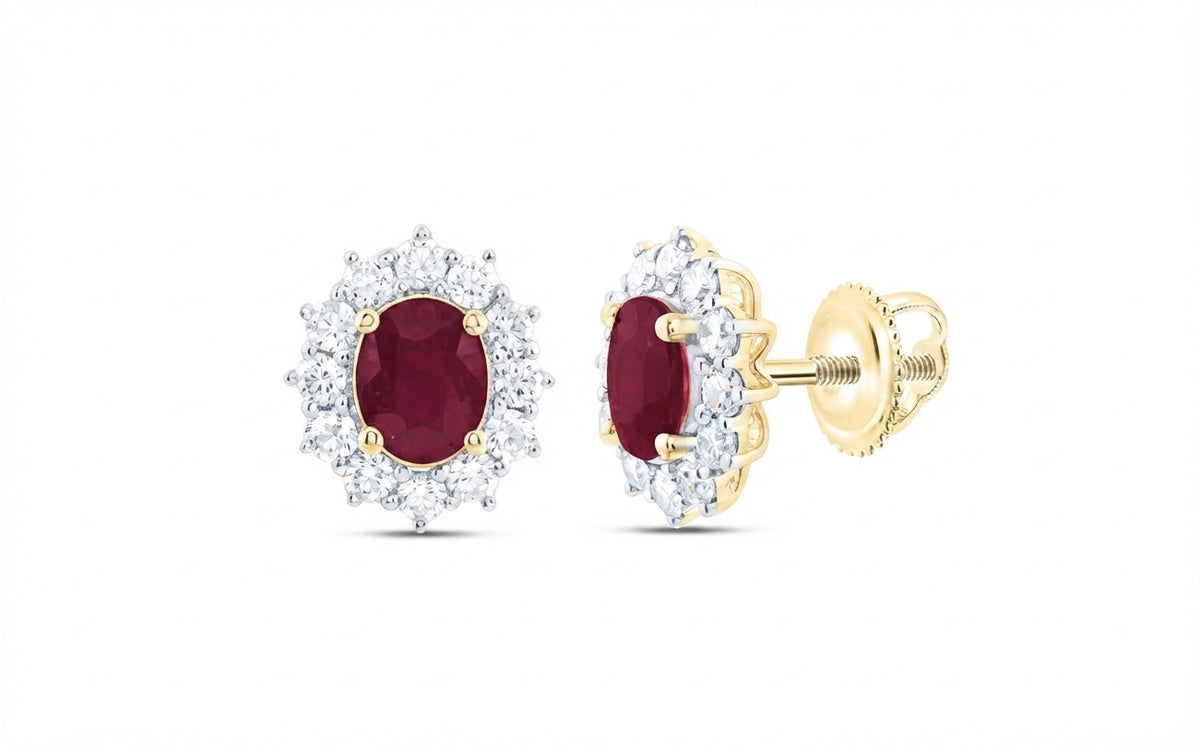natural ruby and diamond oval earrings crafted in 14K yellow gold