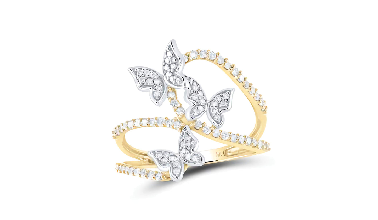 10k Yellow Gold 3 Butterflies 3/8 Cttw Diamond Ring Size 7