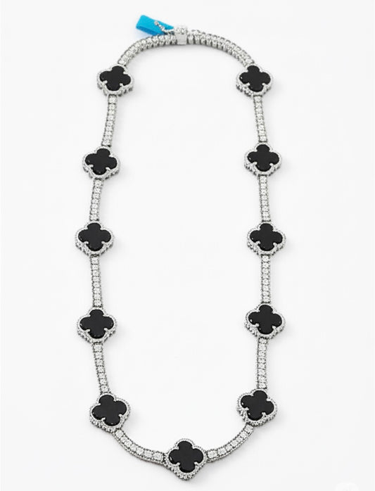 Sterling Silver Black 12mm Clover 14.08 CT Moissanite 18”Necklace