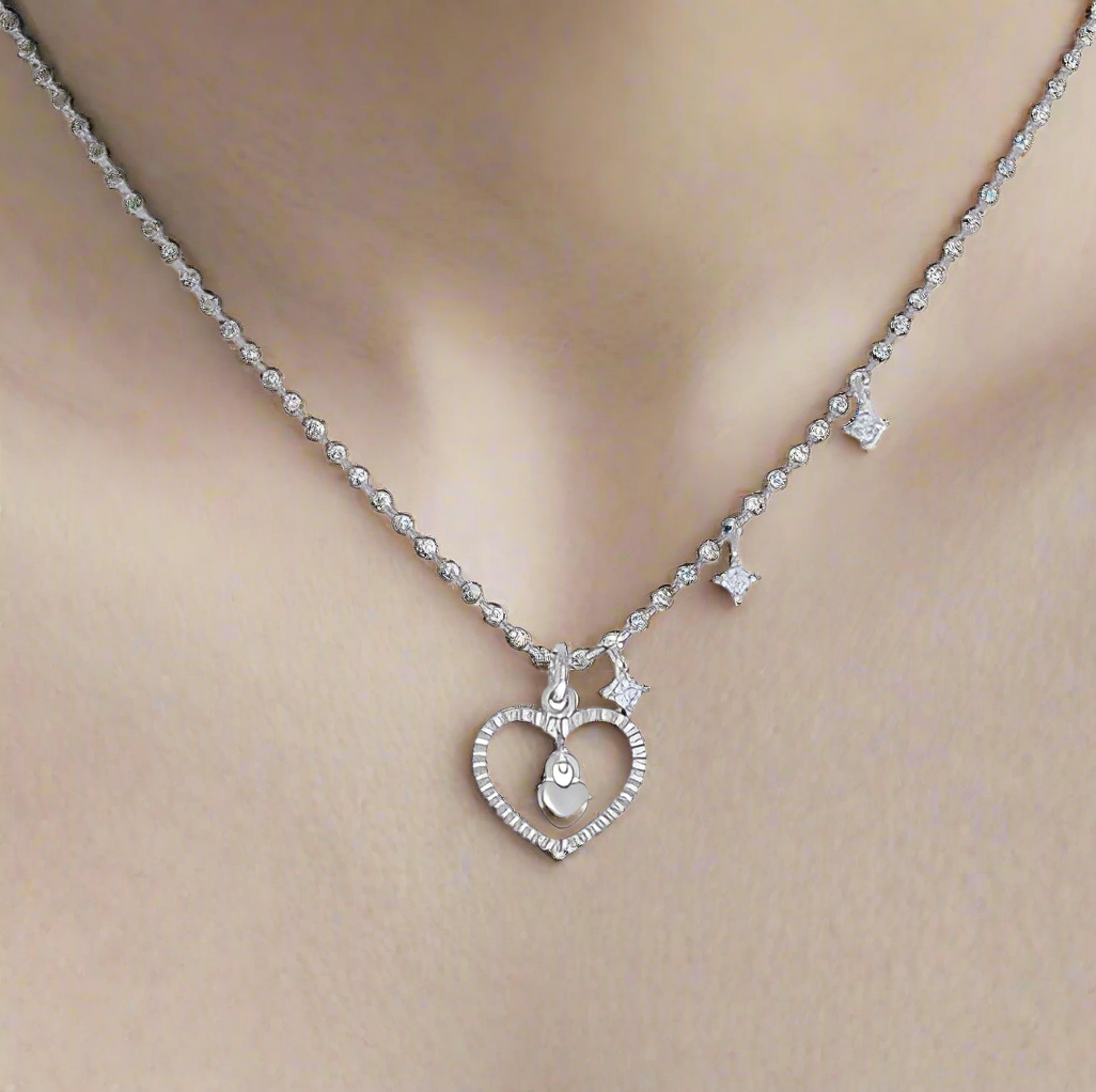Sterling Silver Love Heart Dangle Charm Necklace