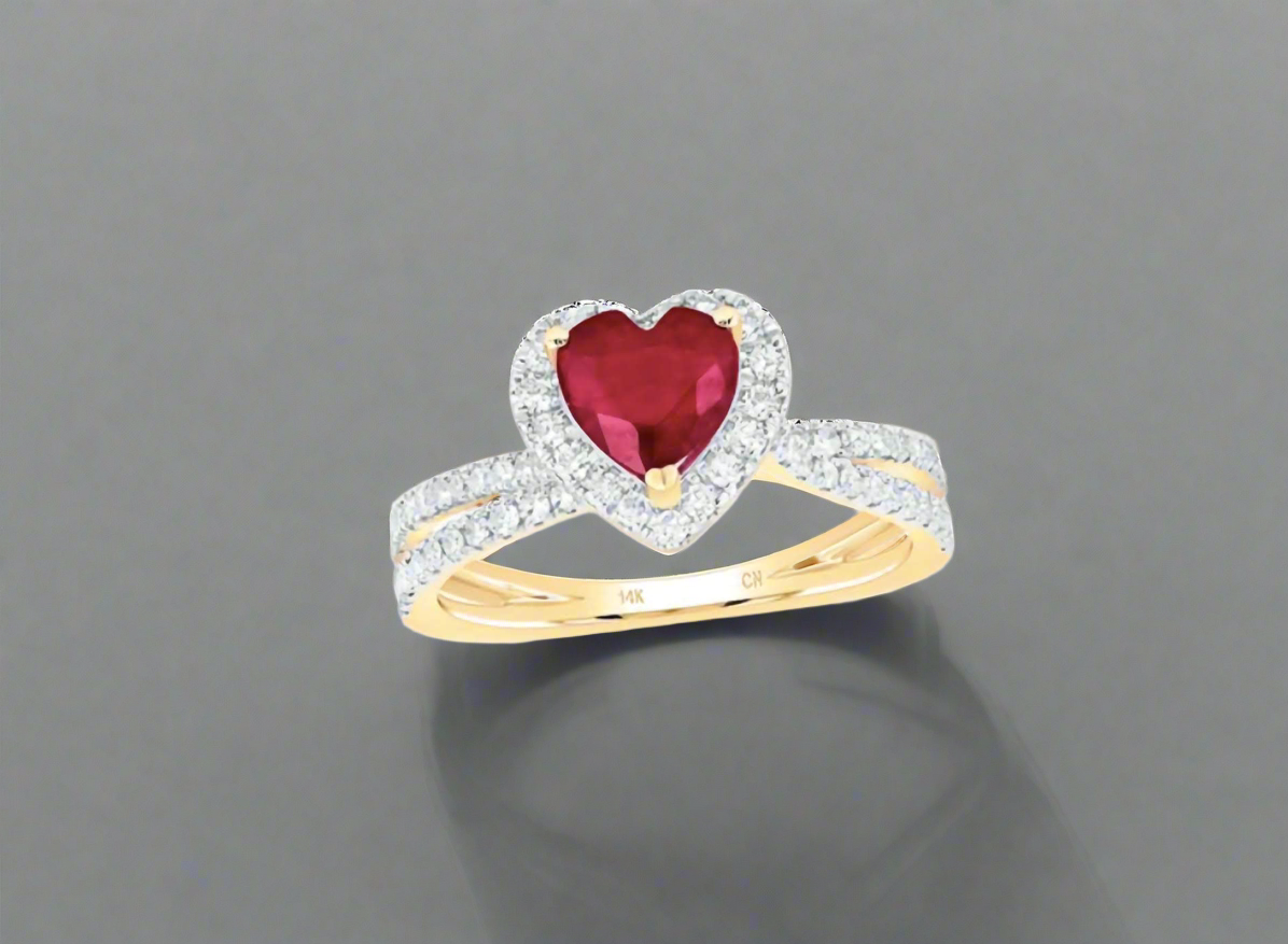 14K Natural Ruby Heart Diamond Ring