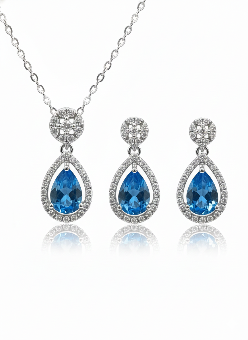 CZ Pear-Shaped Blue Topaz Pendant & Earrings Necklace in Sterling Silver
