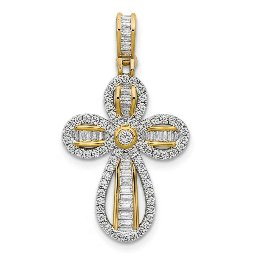 Gold and silver cross pendant with diamond accents on a white background