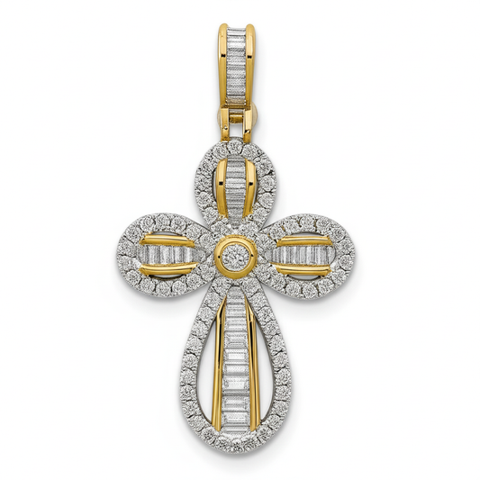 Gold and silver cross pendant with diamond accents on a white background