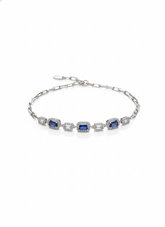 Paper Clip Chain Bracelet – Sterling Silver & Blue CZ stones