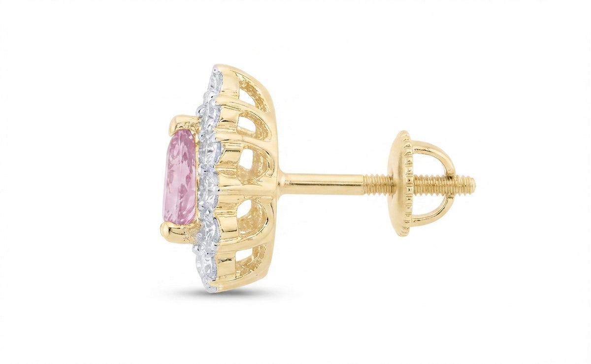 5x4mm natural pink sapphire and diamond pear earrings in 14K yellow gold