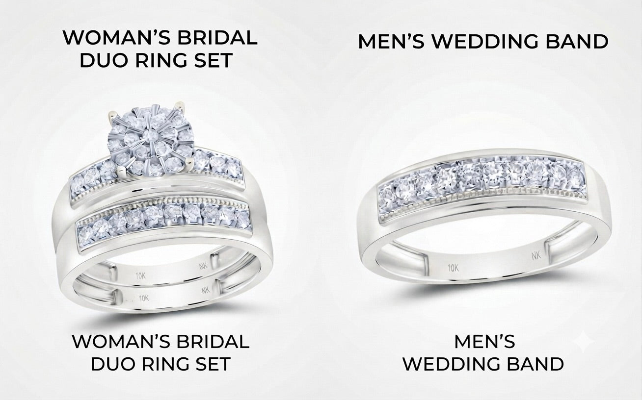 Silver-toned bridal and wedding ring set shown on a light gray background with black text labels. On the left is a woman's bridal duo ring set with a large round center stone and pavé bands.