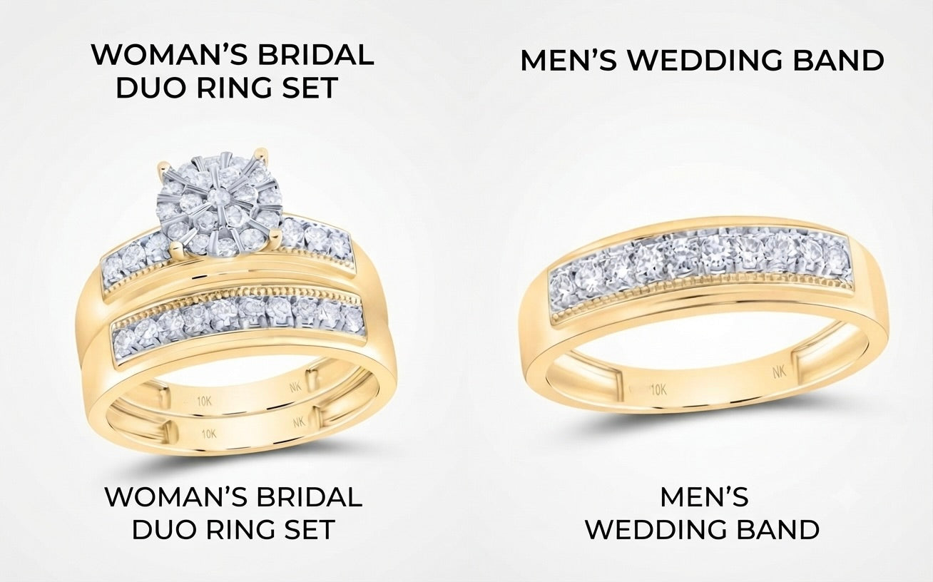 Two gold wedding rings shown on a white background with text labels: a woman's bridal duo ring set on the left and a men's wedding band on the right. The rings are yellow gold with rows of clear stones; per instructions, clear gemstones do not contribute a color, so the product color identity is gold only.