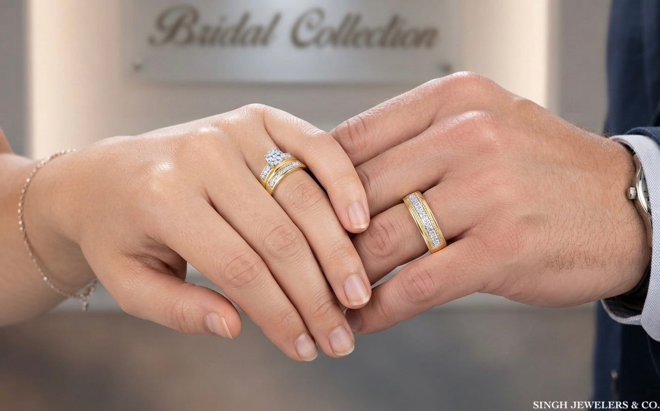 7/8 CTW natural round diamond trio bridal ring set in 10K gold yellow on hands couples