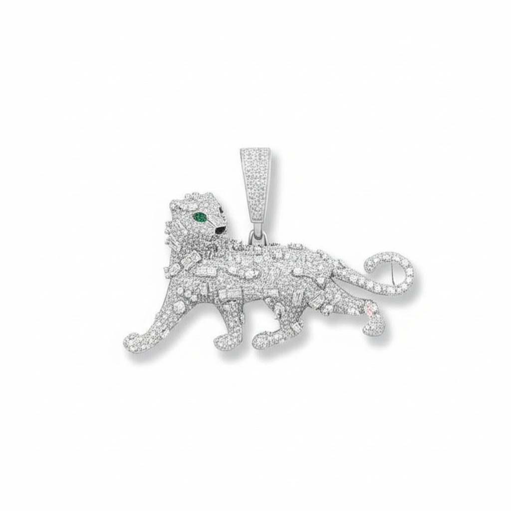 Front view of sterling silver panther pendant with 4.87 carat moissanite