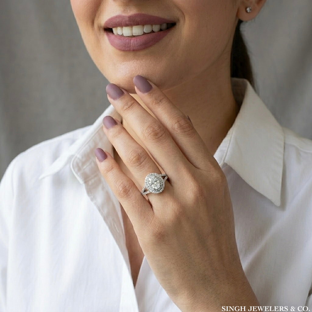 Sparkling 925 silver oval moissanite bridal ring. Affordable women’s moissanite wedding ring in size 8