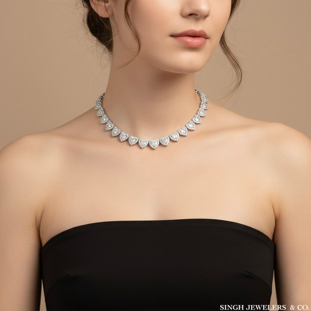 Woman wearing a diamond necklace with a beige background, featuring the brand 'Singh Jewelers & Co'.