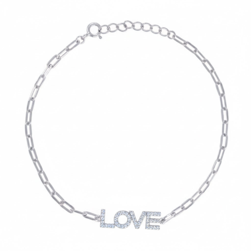 Silver chain bracelet with 'LOVE' charm on a white background