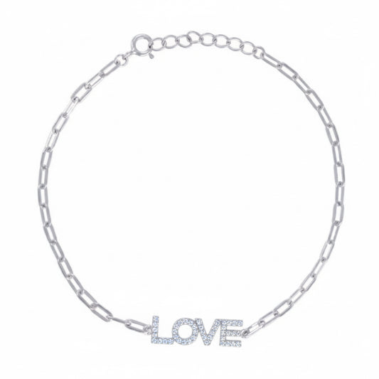Silver chain bracelet with 'LOVE' charm on a white background