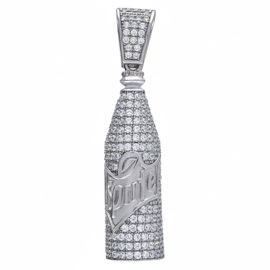 Sterling Silver Sprite Bottle Pendant – CZ Iced Out Charm