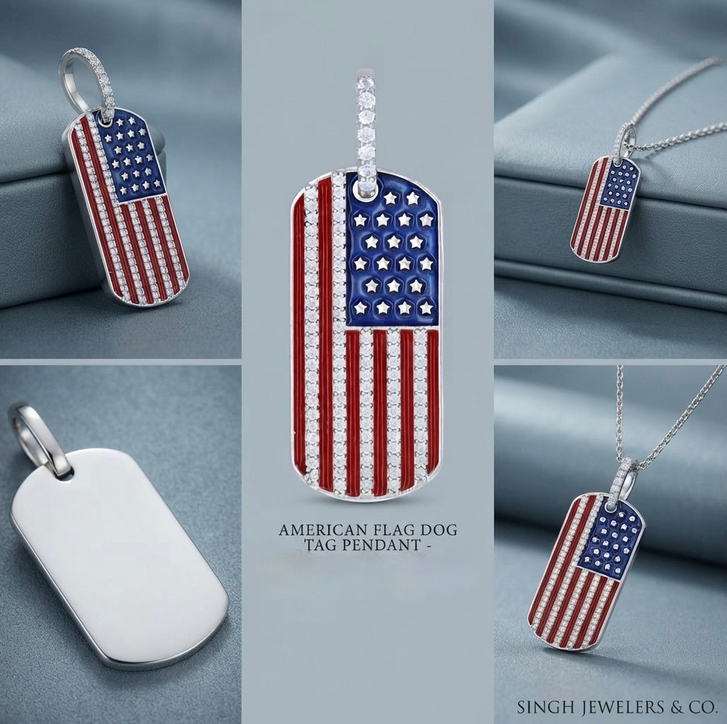 Patriotic American Flag dog tag pendant crafted in genuine 925 sterling silver