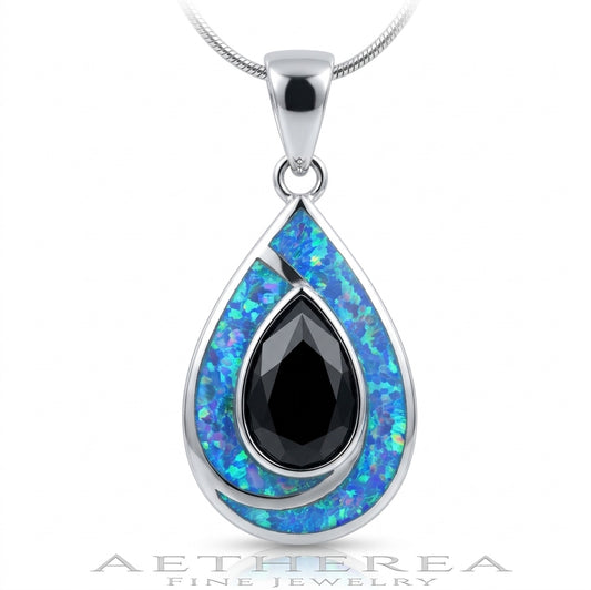 925 Sterling Silver Black CZ Blue Opal Teardrop Pendant for Women