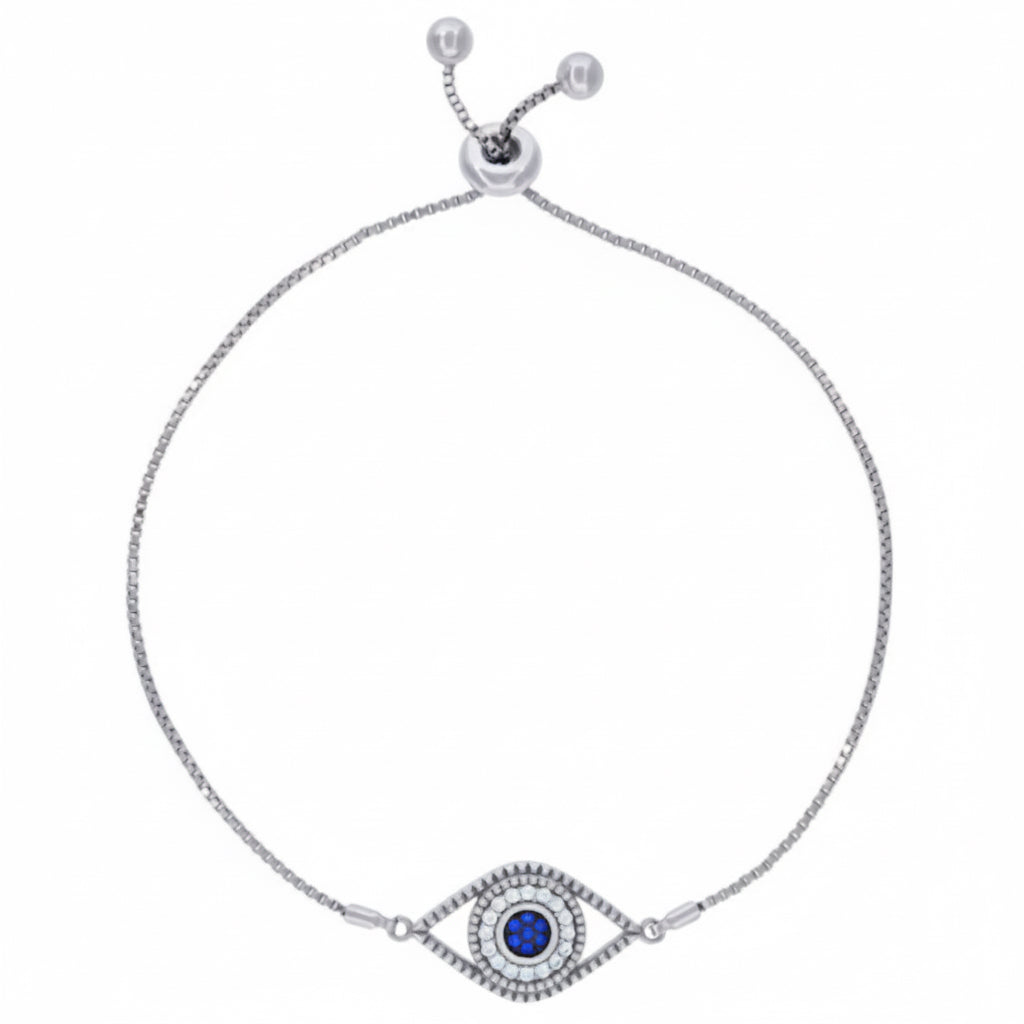 925 sterling silver evil eye bolo bracelet with blue and white cubic zirconia stones for women