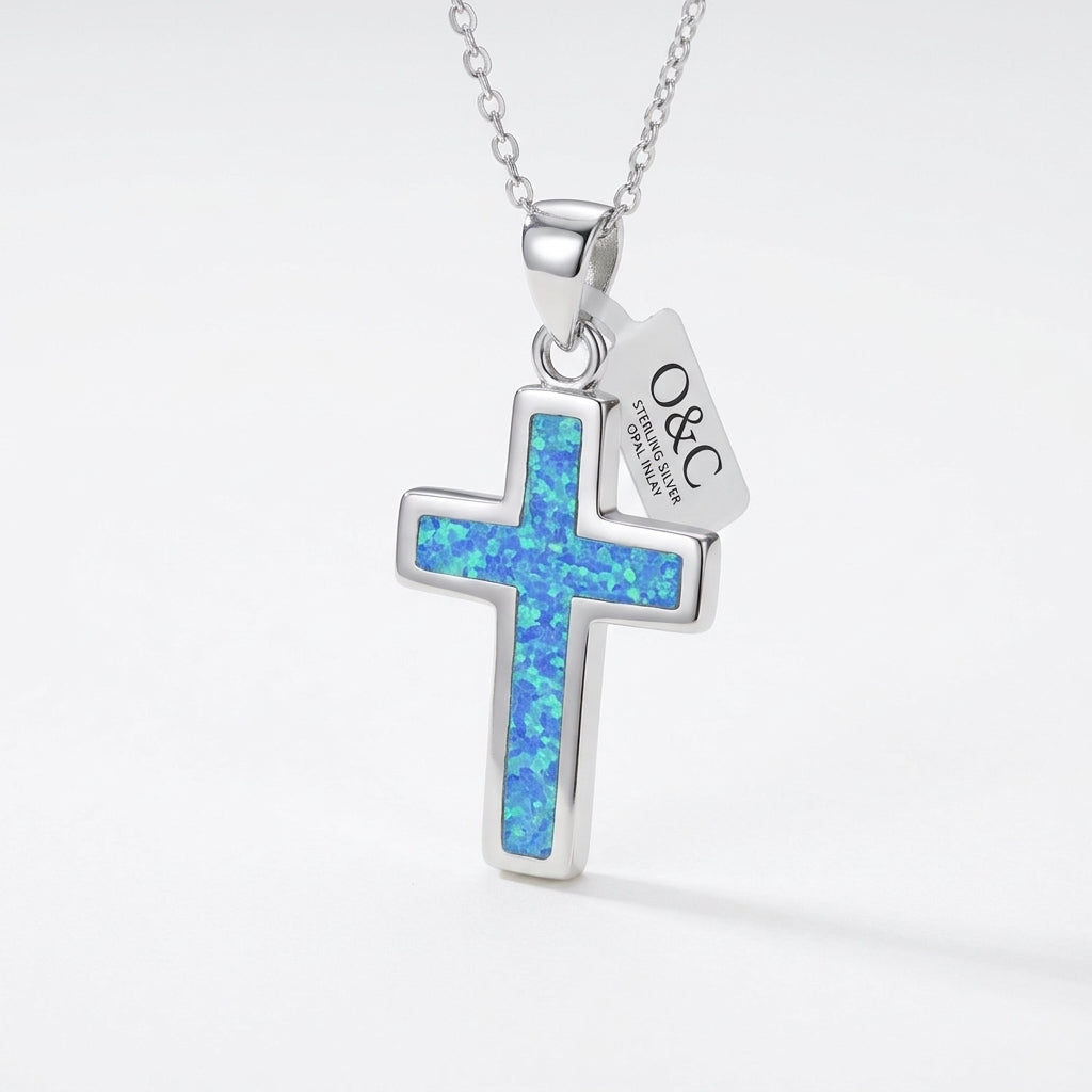 925 sterling silver blue opal cross pendant for women