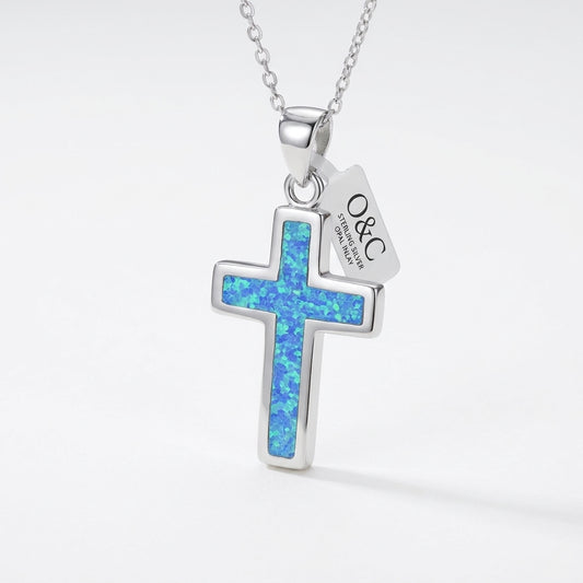 925 sterling silver blue opal cross pendant for women