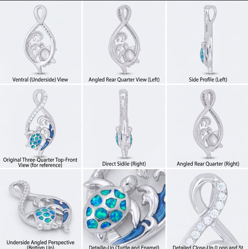 925 sterling silver surfing turtle pendant with blue opal and cubic zirconia for women different angles