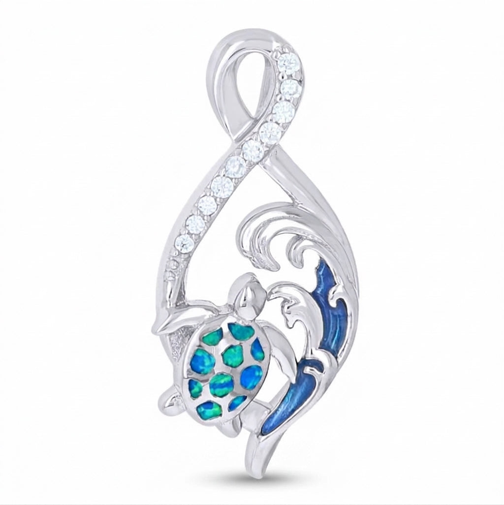 925 sterling silver surfing turtle pendant with blue opal and cubic zirconia for women